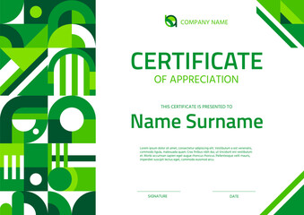 Certificate of appreciation template, environment ecology theme with green geometric pattern frame. Eco business achievement diploma certificate vector template with geometric shapes pattern border