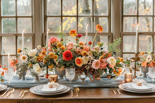 A chic dining room with a modern table set for a luxurious dinner party