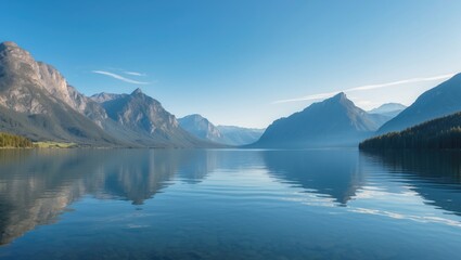 Obraz premium Tranquil mountain landscape with serene lake reflections and clear blue sky ideal for adding text or captions in an outdoor or travel context.