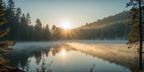 Fototapeta premium Morning sunlight illuminating a misty lake surrounded by pine forests with tranquil waters creating a serene atmosphere and ample space for text.