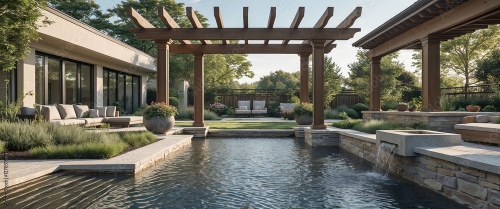 Poster elegant summer garden design featuring a pergola and serene water features with inviting seating are