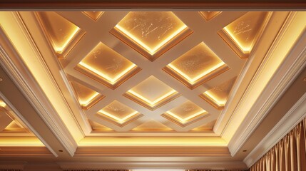 Obraz premium Elegant ceiling design with warm lighting highlights creating a luxurious ambiance.