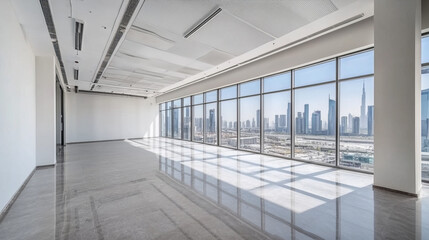 Obraz premium Empty office with large panoramic windows and urban view seen through glass. Modern open space premises, studio apartment, corridor or hall. Real estate rental in big city. Cartoon vector illustration