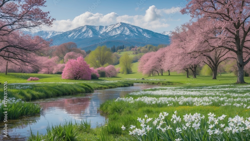 Poster spring landscape with cherry blossoms and snowy mountains reflecting in a tranquil stream ideal for 