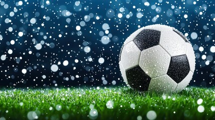 Naklejka premium Soccer ball on grass in winter snow