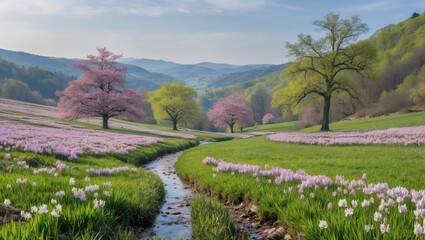 Spring Landscape With Blooming Flowers And Stream Surrounded By Lush Greenery Scenic Nature Background For Text Placement