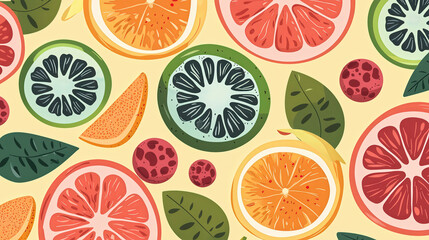 Fresh citrus fruits and vibrant leaves create colorful pattern. This design features oranges, lemons, and limes, evoking cheerful and refreshing