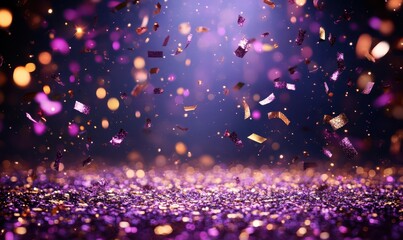 Dark purple glitter sparkle confetti abstract background and invite for Halloween night, Mardi Gras, birthday party, club, or Christmas