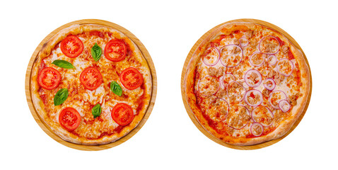 Freshly made pizzas topped with tomatoes and onions in a restaurant