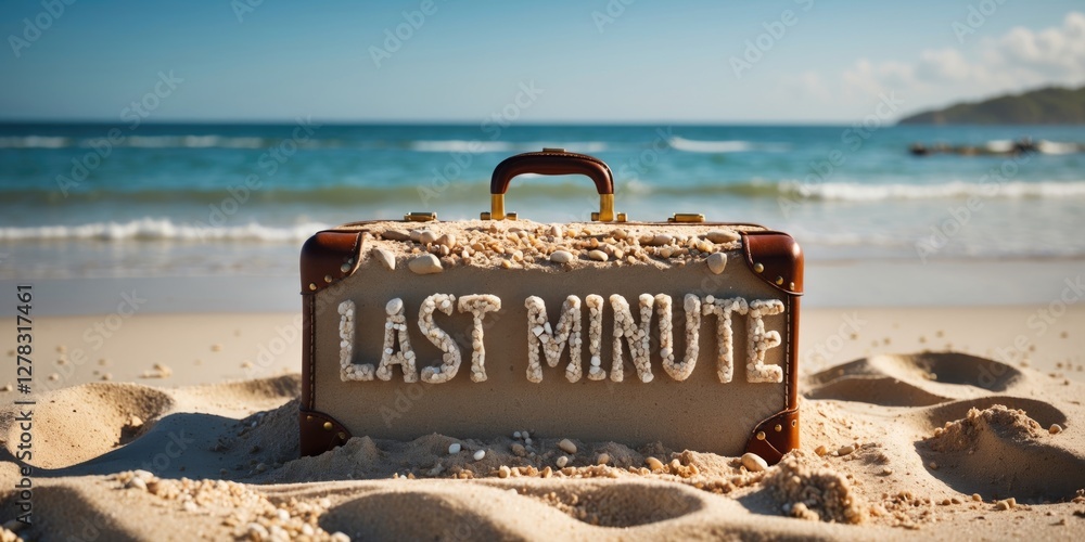 Poster last minute suitcase built from sand on beach with calm ocean background and space for text