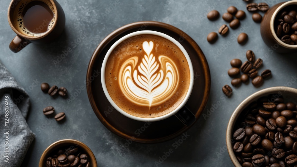 Poster artistic latte with heart design surrounded by coffee beans and cups on a textured surface ideal for