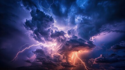 Fototapeta premium A dramatic stormy sky with swirling clouds illuminated by bright lightning strikes, showcasing the raw power of nature.