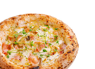 Delicious pizza with toppings served in a restaurant setting