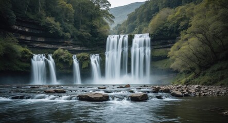 Fototapeta premium Majestic Lastiver Waterfall cascading over rocks with lush green foliage surrounding the tranquil river in a serene natural landscape.