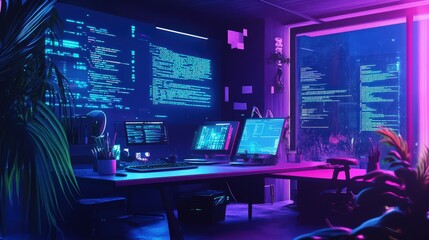 A futuristic code review session with holographic projections of programming languages and AI-assisted debugging