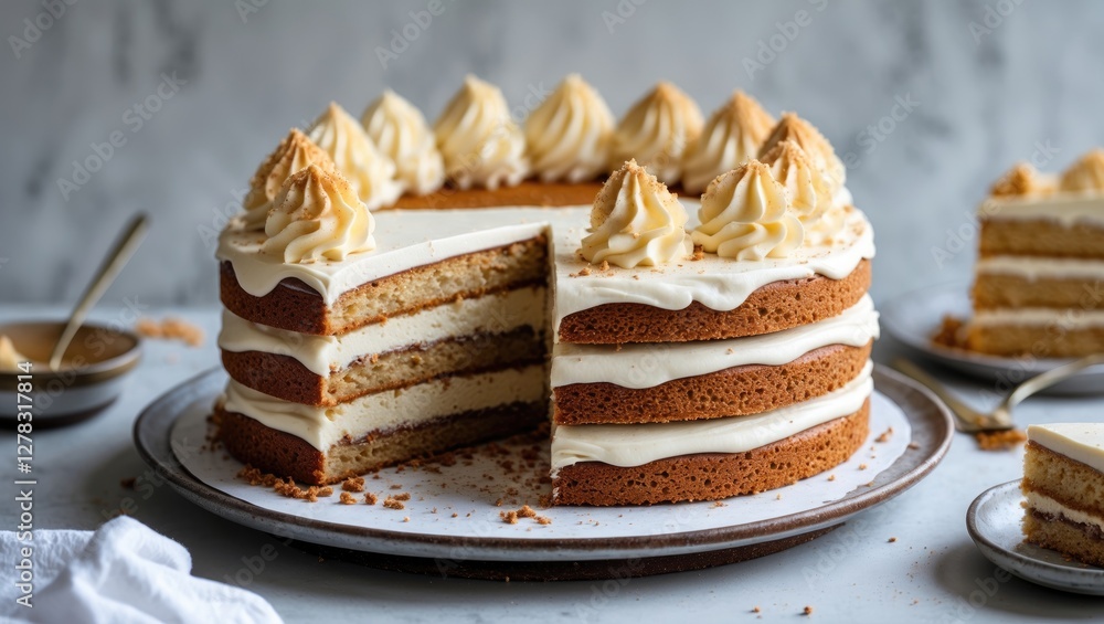 Poster layered biscuit cake with creamy icing and decorative swirls on top with empty space for custom text