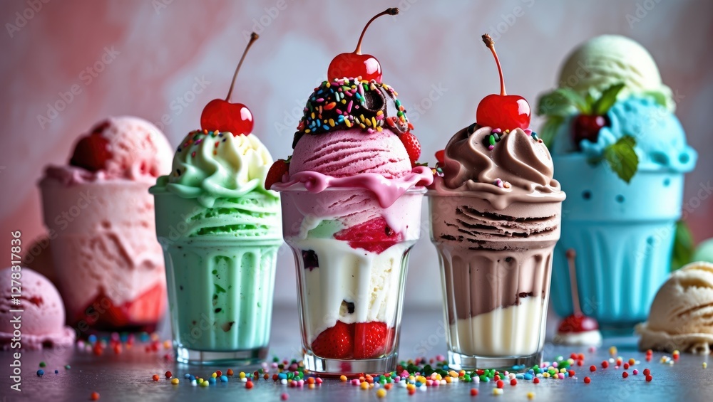 Poster colorful ice cream cones with toppings on a table and space for text in bright background perfect fo