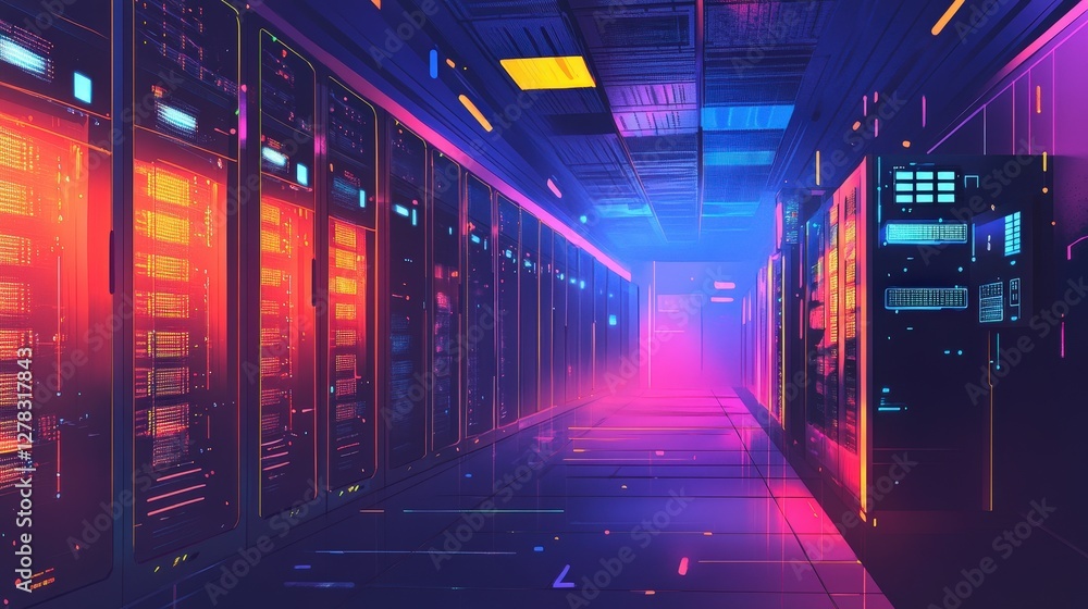 Poster a futuristic data center filled with glowing server racks, where it professionals monitor network se