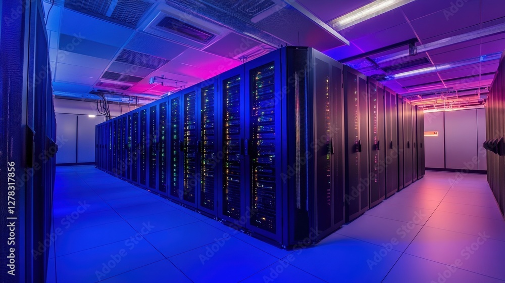 Poster a futuristic data center filled with glowing server racks, where it professionals monitor network se