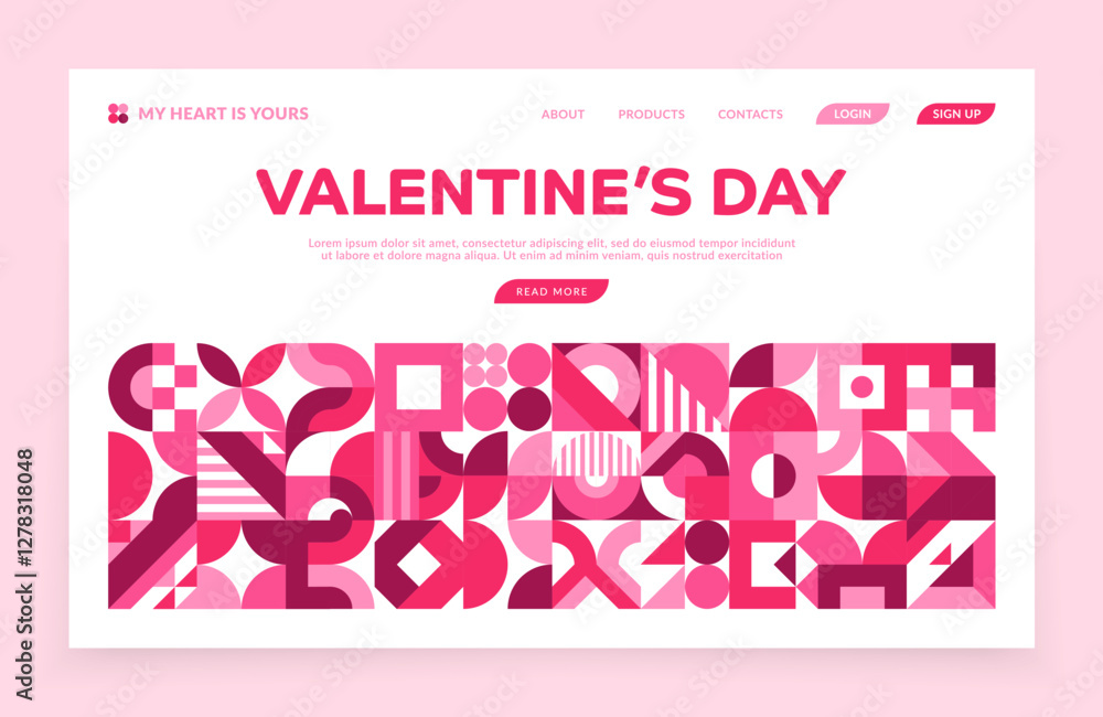 Poster valentine day holiday landing page template with geometric shapes, vector web background. valentine 