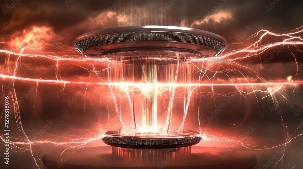 Poster a futuristic energy generator using zero-point energy, surrounded by electromagnetic fields and plas