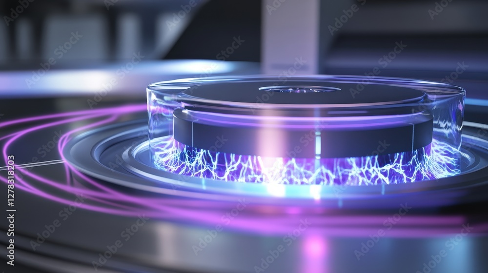 Poster a futuristic energy generator using zero-point energy, surrounded by electromagnetic fields and plas