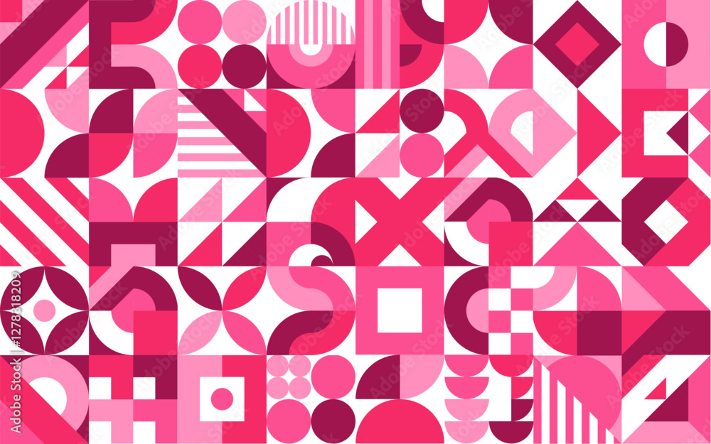 Poster geometric shapes for valentine day pink background or pattern, vector mosaic tile. valentine holiday