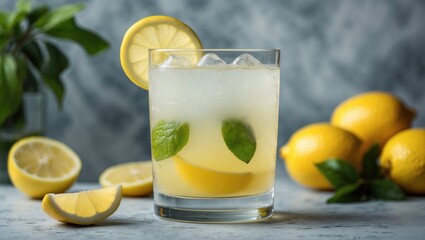 Fototapeta premium Refreshing Lemonade Cocktail in a Clear Glass Garnished with Mint Leaves and Lemon Slices Surrounded by Fresh Lemons and Greenery