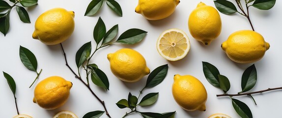 Obraz premium Fresh Lemons With Green Leaves And Slices On White Background Ideal For Culinary And Healthy Lifestyle Concepts With Copy Space