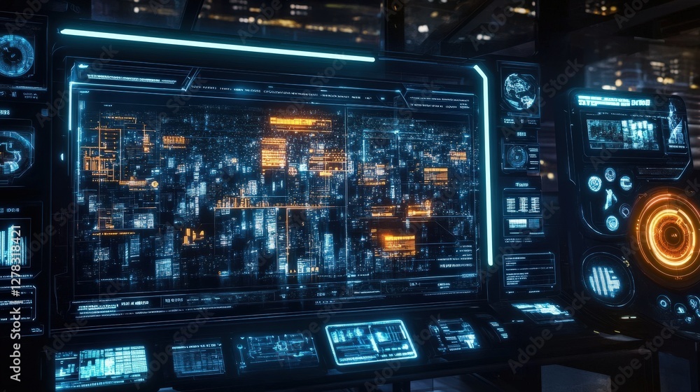 Poster a futuristic interface displaying a real-time digital twin simulation of a smart city, managed by ai