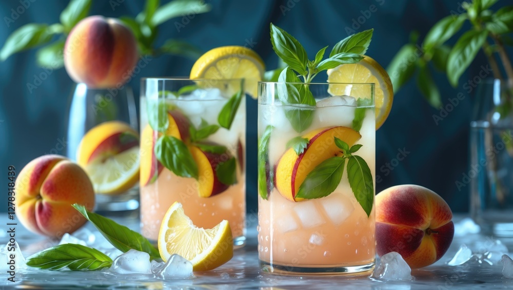 Poster refreshing lemon peach mojito cocktail with fresh basil and ice, perfect for summer drinks, featurin