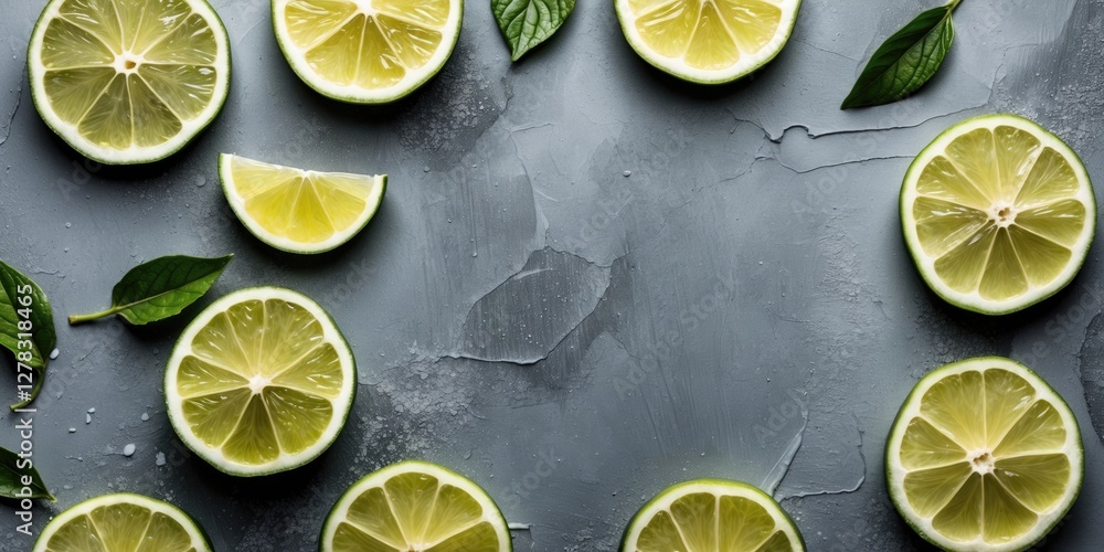 Poster lime and lemon slices arranged on a textured grey background with fresh leaves and ample copy space 
