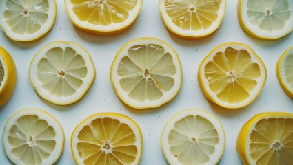 Close-Up of Fresh Lemon Slices Arranged Horizontally on a White Background for Culinary Use and Beverage Preparation Inspired by Summer Flavors
