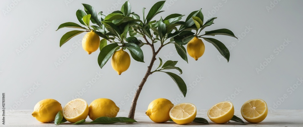 Poster lemon tree with ripe lemons and sliced lemon fruit arranged on a wooden surface with a gray backgrou