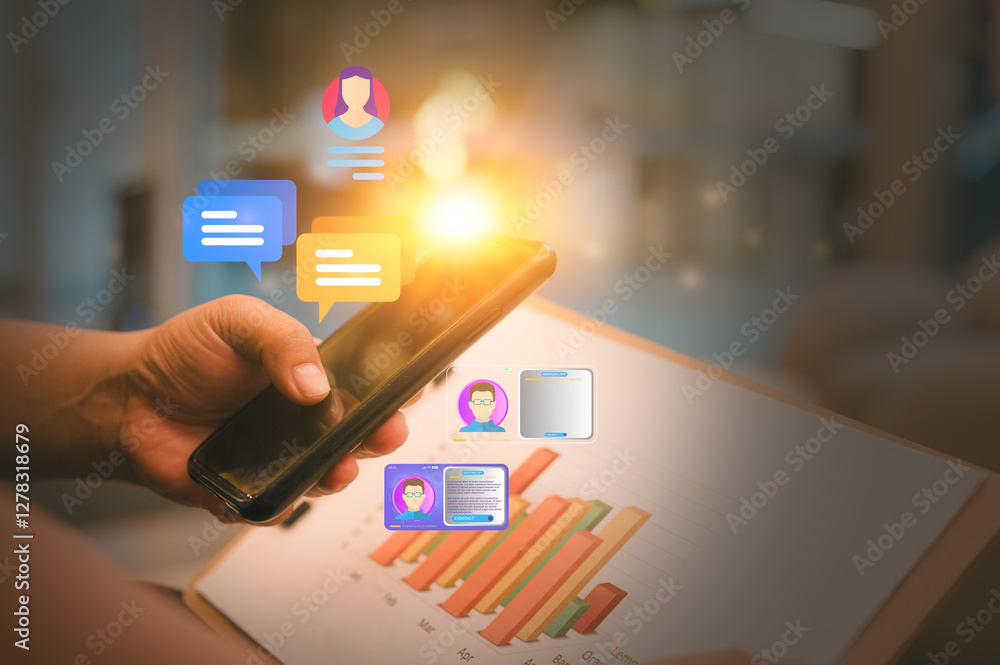 Poster online trading and social media man analysing data chart and using smartphone typing on application 