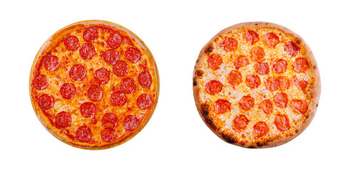 Compare two styles of pepperoni pizza on a white background