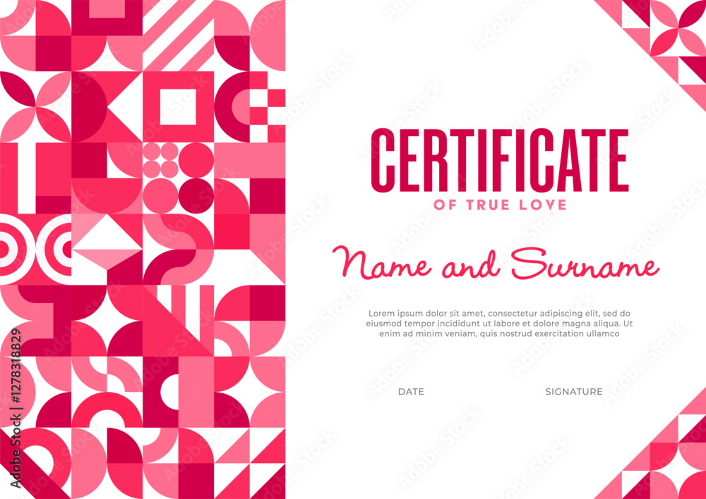 Poster certificate template with valentines day geometric patterns. vector certificate of appreciation with