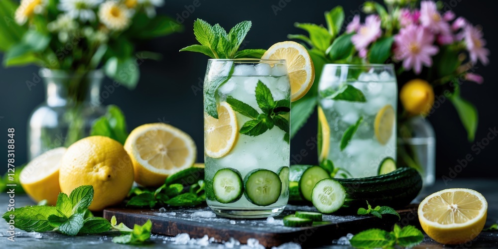 Wall mural Refreshing Lemonade Mojito with Mint and Cucumber on a Cutting Board Surrounded by Fresh Ingredients and Flowers for Detox Beverage Concepts