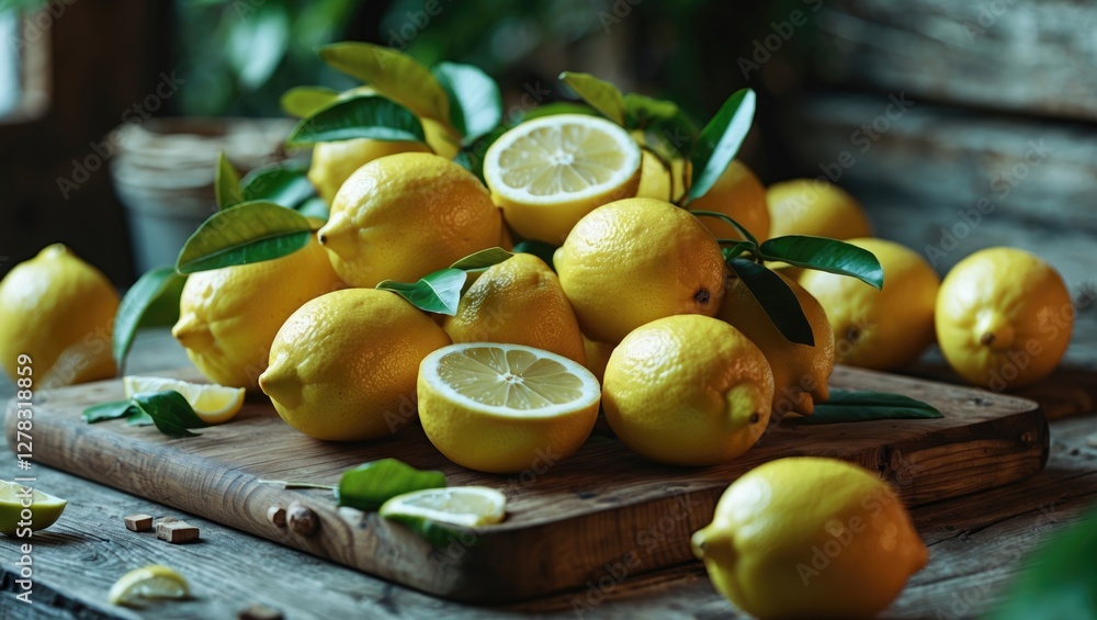 Poster fresh lemons stacked on rustic wooden board with green leaves and empty space for textual overlay in