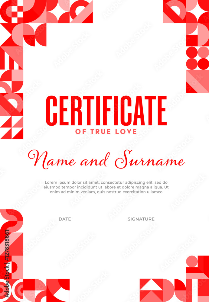 Aufkleber certificate template with valentines day geometric shapes. vector stylish layout, certificate of tru