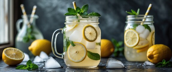 Fototapeta premium Refreshing Lemonade in Mason Jar with Ice Mint and Lemon Slices Against Dark Background Ideal for Summer Beverage Promotions