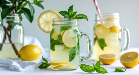Fototapeta premium Refreshing Lemonade with Mint and Lemon Slices in Mason Jars Surrounded by Fresh Ingredients on a Light Background