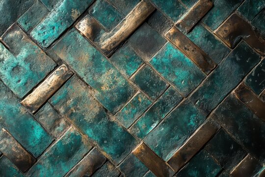 ancient brass surface with complex patina patterns, rich verdigris textures and weathered copper tones in dramatic lighting
