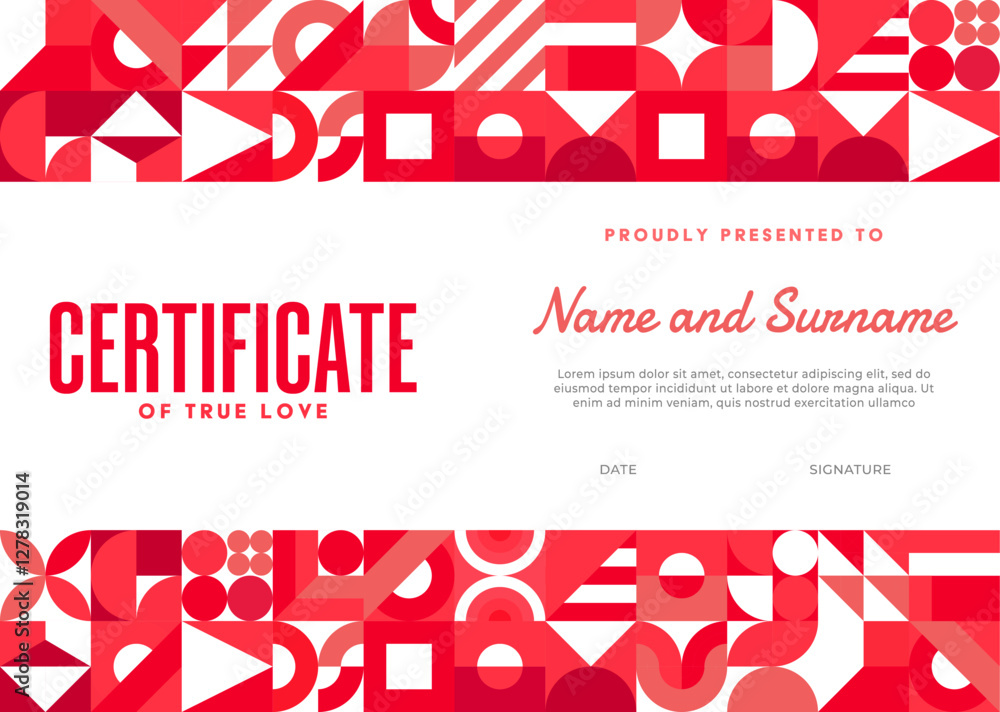 Poster diploma certificate template with valentines geometric shapes. vector red elegant layout with a retr