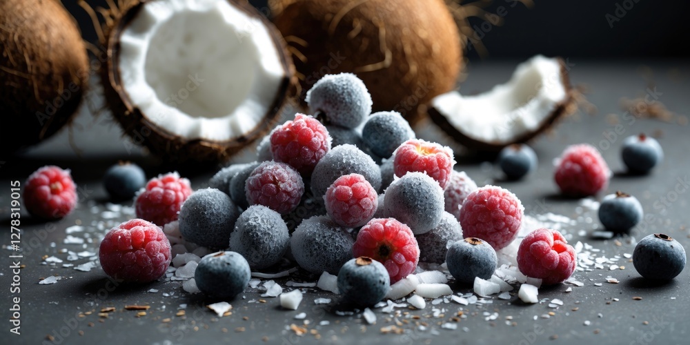 Poster frozen berries and broken coconut composition with empty space for text decoration and culinary use 