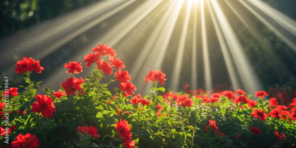 Aufkleber sunlight rays illuminating vibrant red flowers in a serene natural landscape with ample space for te