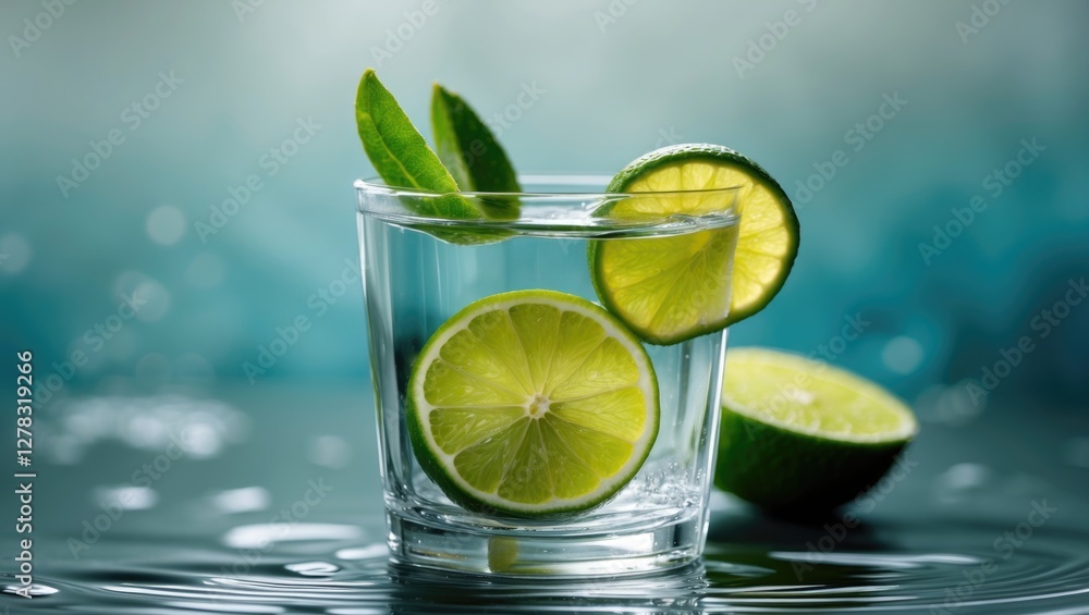 Poster refreshing citrus drink with lime slices and green leaves in a clear glass on a soft background