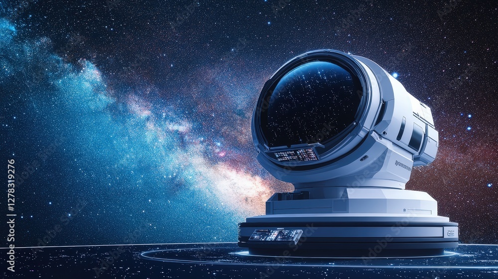 Poster a futuristic space observatory floating in orbit, taking high-resolution images of distant stars and