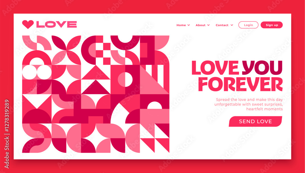 Poster Valentine day landing page template with geometric shapes, vector web background. Valentine day love holiday landing page layout with UI menu buttons for website template on Valentine day greeting