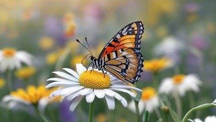 Fototapeta premium Butterfly sitting on a flower with a yellow center and white petals, showcasing the delicate beauty of spring’s bloom